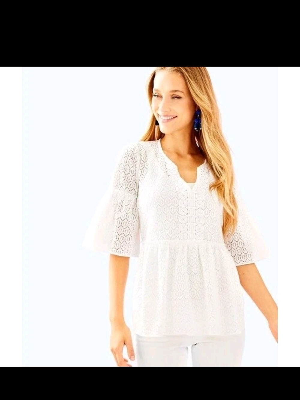 002 - Lilly Pulitzer Inez Top Womens L White Eyelet Lace Peplum Blouse Boho